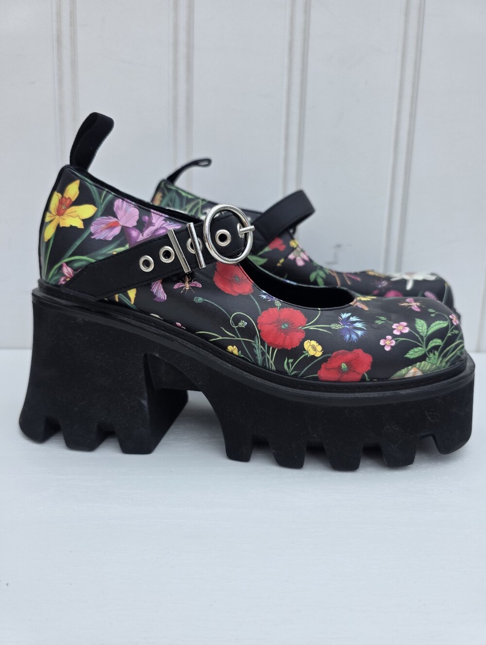 Lamoda Floral Chunky Mary Jane Platform Shoes Black Size 10